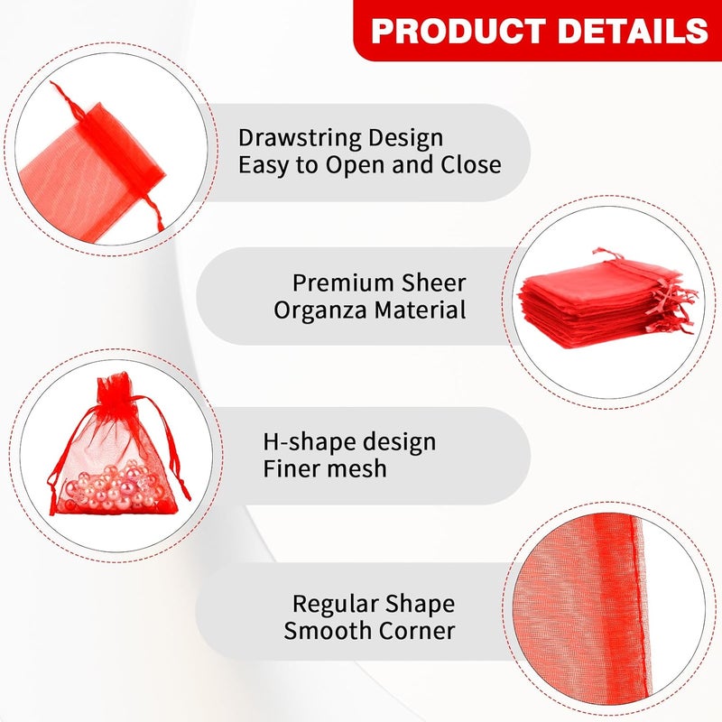 BOEIAC Red Organza Bags - 50 Pcs, Sheer 4 x 6 Inch, Jewelry & Party Favor Bags with Drawstring, Mesh Gift Pouches for Wedding & Valentine's Day - Image 4